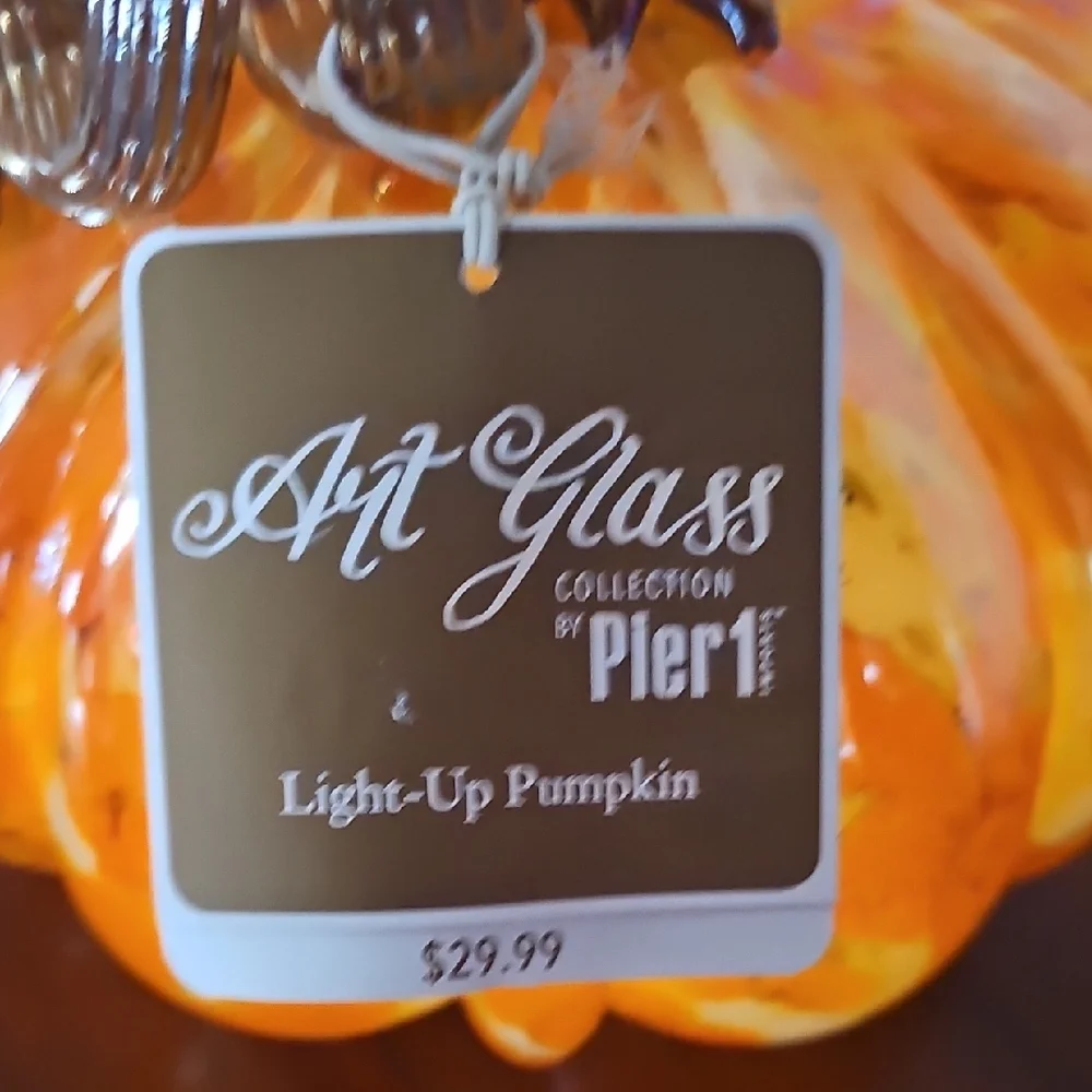 Pier 1 ART GLASS collection LIGHTED Orange Glass Pumpkin - Picture 3 of 8